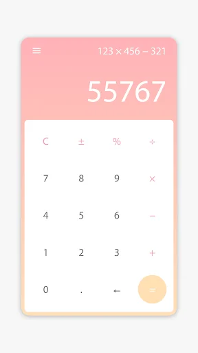 Minimal Calculator pink theme with peach equals button, showing result 55767 and calculator buttons in rounded interface