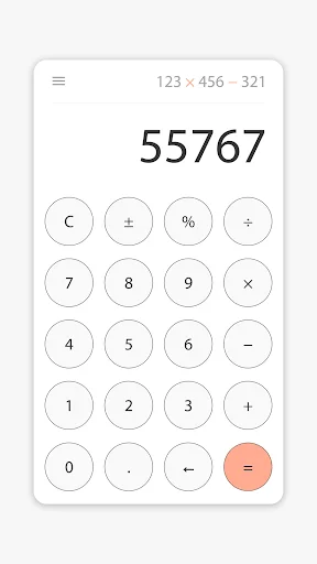 Minimal Calculator light theme with outlined circular buttons displaying 55767, simple and minimal design for calculations