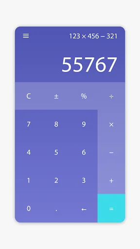 Minimal Calculator deep blue theme with cyan equals button showing 55767 and standard mathematical operation buttons