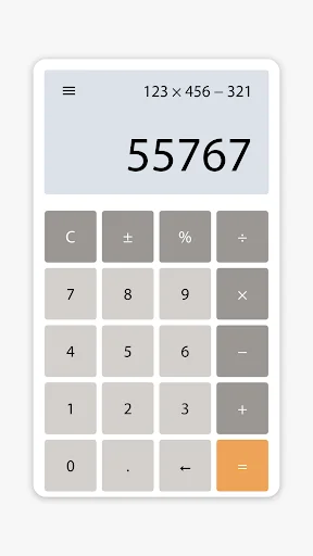 Minimal Calculator neutral gray theme displaying 55767 with orange equals button and accessible numeric keypad layout