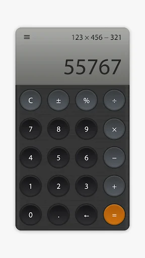Minimal Calculator dark charcoal theme with circular buttons and orange equals showing result 55767
