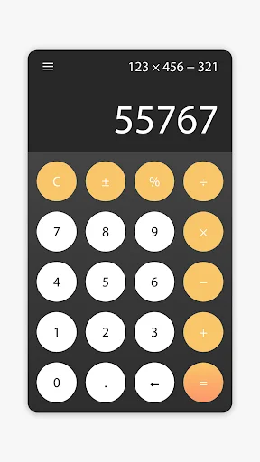 Minimal Calculator dark theme with colorful operators, white number buttons, and golden function buttons displaying 55767