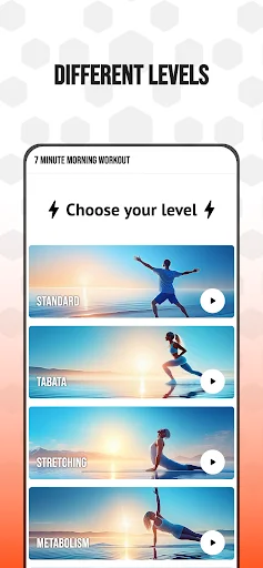 7 Minute Morning Workout difficulty levels selection showing Standard, Tabata, Stretching, and Metabolism workout options with preview images and play buttons