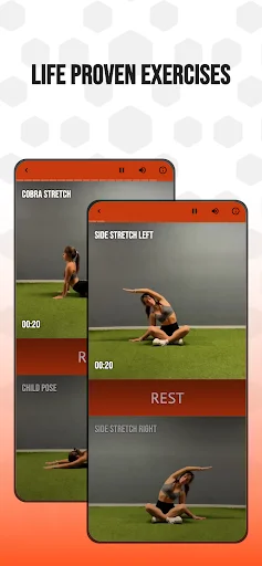 Exercise instruction screens demonstrating Cobra Stretch and Side Stretch Left with 20-second timers and rest intervals for morning workout routine