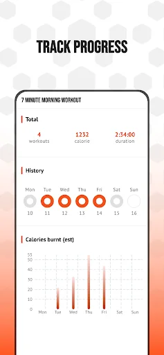 Progress tracker dashboard displaying total workouts completed, calories burned statistics, weekly activity history calendar, and daily calorie burn chart