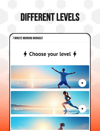 Workout difficulty levels interface for 7-minute morning routine featuring Standard, Tabata, Stretching, and Metabolism selections with video previews