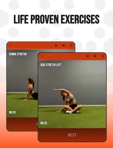 Life-proven exercise demonstrations showing Cobra Stretch and Side Stretch Left movements with countdown timers and rest recovery periods