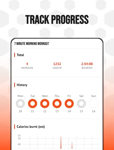 Fitness progress statistics dashboard showing total workout count, calories burned estimate, weekly completion calendar with dates, and calorie burn bar chart