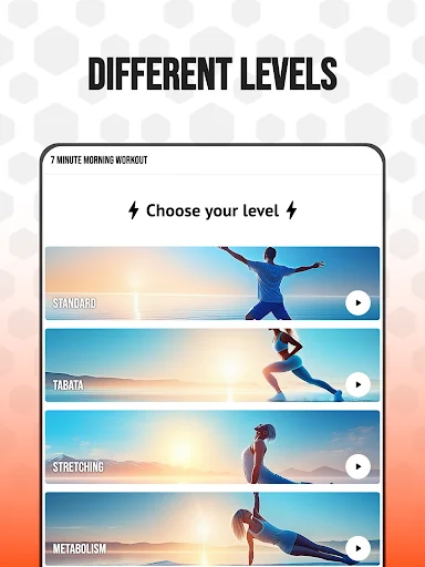 Complete 7-minute morning workout difficulty level selection featuring Standard, Tabata, Stretching, and Metabolism workout options with preview footage