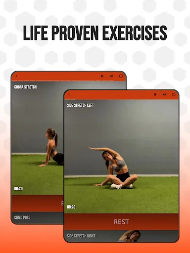 Exercise demonstration interface showing Cobra Stretch and Side Stretch Left with timer display, rest indicators, and Child Pose recovery movements