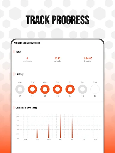 Workout progress tracking dashboard displaying total workouts, calories burned estimate, weekly activity history calendar, and daily calorie expenditure chart