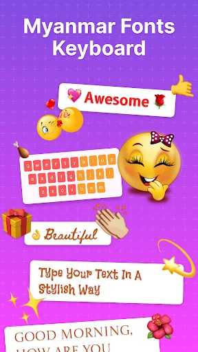 Myanmar fonts keyboard with text styling options, colorful keyboard theme, emoji characters, and text effects