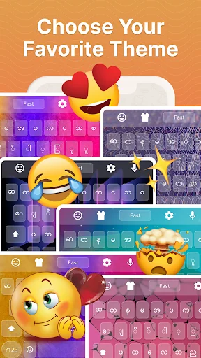 Myanmar keyboard theme selector showing multiple colorful keyboard designs with Fast buttons and settings