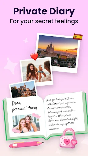 My Personal Diary app welcome screen with scattered photos and open diary book, featuring private diary for secret feelings