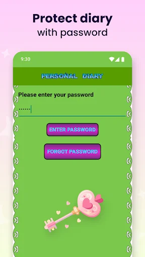 Password protection screen for Personal Diary app with green interface, password field, and security features for privacy