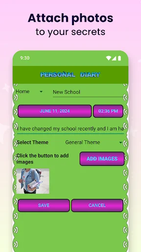 Diary entry screen showing photo attachment feature with date June 11, 2024, theme selection, and image upload options