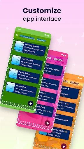 App interface customization showing three colorful diary themes - green, pink, and orange layouts for personal preference