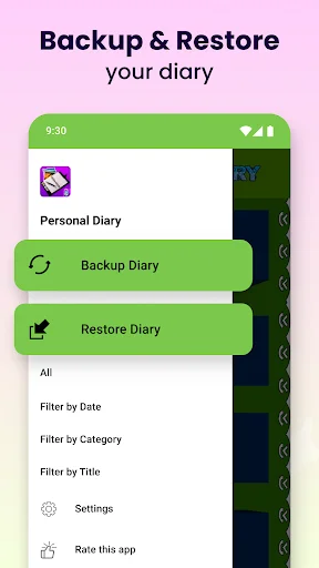 Backup and restore menu for Personal Diary app with data protection options, filtering tools, and app settings access