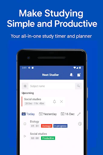 Neat Studier app home screen displaying upcoming study subjects with scheduled times, task status indicators including 'In progress' and 'Productive' tags
