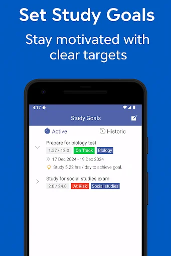 Study Goals interface showing active goals with progress tracking bars, on-track and at-risk status indicators, target dates, and daily study hour requirements