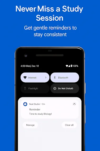 Neat Studier reminder notification prompting user to study Biology with device settings controls including Bluetooth, Do Not Disturb, and notification management options