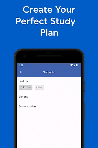 Subjects list organization screen in Neat Studier with sort-by-alphabet and sort-by-date options for managing study subjects and creating personalized study plans