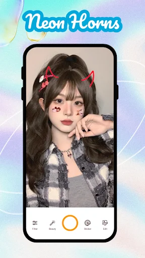 Neon Horns Devil Camera app showing Asian girl with pink devil horns filter and kawaii beauty effects on mobile screen