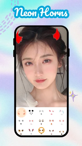 Beauty camera app interface with red devil horn filters and selection menu of cute kawaii stickers and photo effects