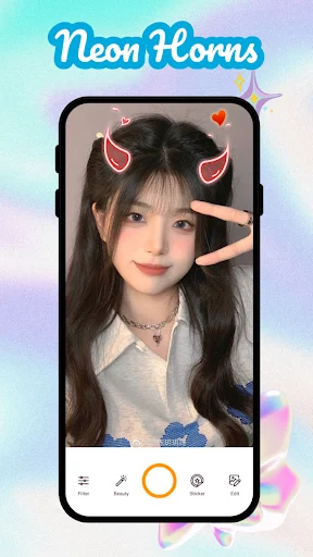 Neon devil horns photo filter applied to girl's selfie with pink outline horns and camera app controls visible below