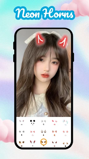 Red devil horns beauty filter on girl's photo with kawaii sticker selection menu in Neon Horns camera app interface