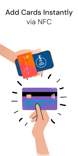 NFC credit card reader instantly adding red and blue debit cards via contactless NFC payment technology