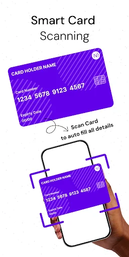 OCR smart card scanning screen auto-filling credit card details including cardholder name and numbers