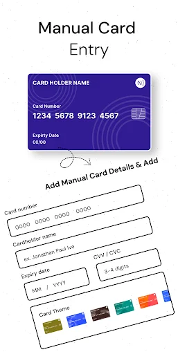 Manual credit card entry form with input fields for card number, holder name, expiry date, and security code