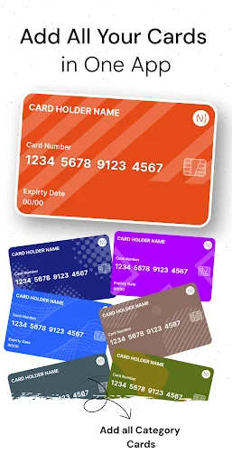 Digital wallet storing multiple credit and debit cards in various colors within secure NFC credit card reader app