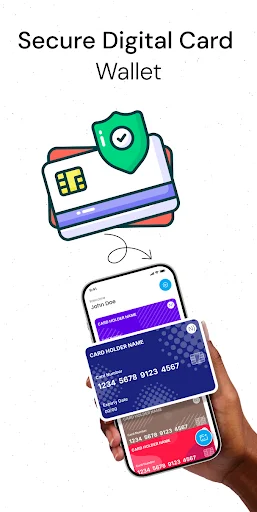 Secure digital payment card wallet on mobile phone protected by security shield icon ensuring card safety