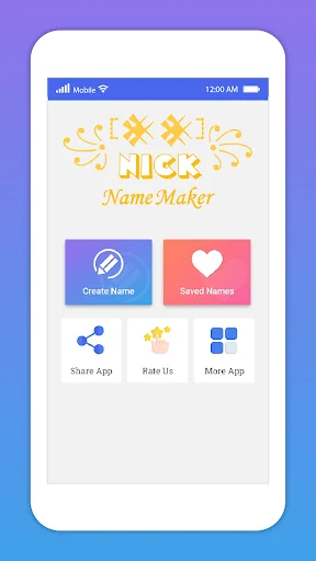 Nickname Creator home screen with Create Name and Saved Names buttons, featuring decorative stylized logo and options to Share App, Rate, and access More App