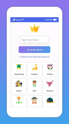 Nickname generator input screen with 'Type Your Name' text field, Generate Name button, and nine category options including Legendary, Popular, Badass, Girl, and Dinosaur