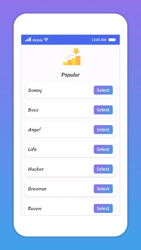 Popular nicknames category list displaying nickname suggestions like Sunny, Boss, Angel, Life, Hacker, Dreamer, and Raven with individual Select buttons for each