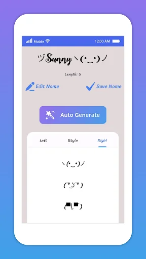 Nickname editor showing generated stylish nickname with special characters, Auto Generate button, Edit and Save options, and three different style variations to choose from