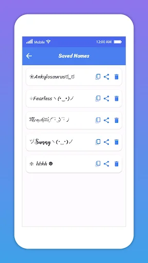 Saved Names collection screen displaying user's saved creative nicknames with copy/duplicate and delete action buttons for managing the nickname library