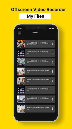 OffScreen Video Recorder My Files section displaying list of recorded videos with thumbnail previews, timestamps, and file duration information