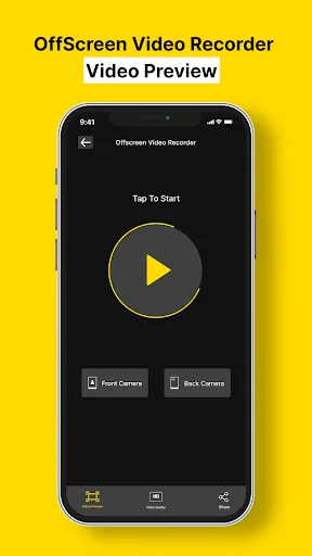 OffScreen Video Recorder video preview screen with play button and front/back camera selection buttons