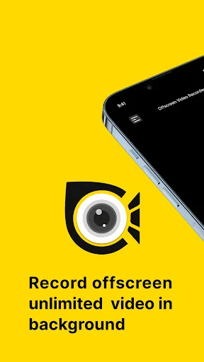 OffScreen Video Recorder promotional screen showing camera icon with 'Record offscreen unlimited video in background' feature description on yellow background