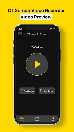 OffScreen Video Recorder video preview screen with large play button, 'Tap To Start' text, and Front Camera and Back Camera selection buttons