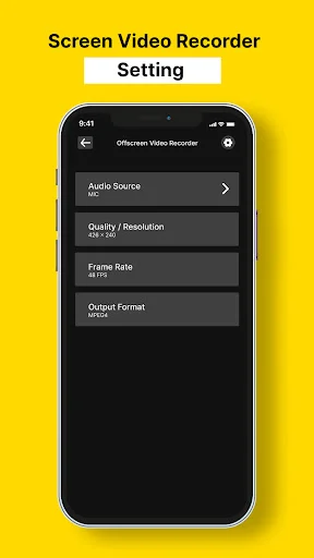 Screen Video Recorder settings menu showing adjustable options for Audio Source, Quality/Resolution, Frame Rate, and Output Format
