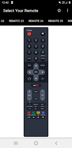 Onida TV Remote 23 with red power button, numeric keypad, directional controls, OK button, and YouTube app button