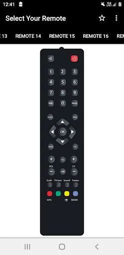 Onida TV Remote 15 smartphone interface with power button, number pad, navigation pad, and colored action buttons