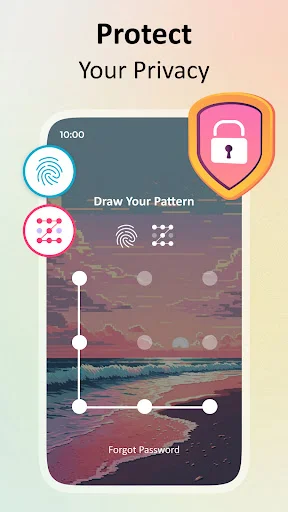 App security and privacy protection feature with biometric fingerprint lock, pattern drawing, and password reset functionality