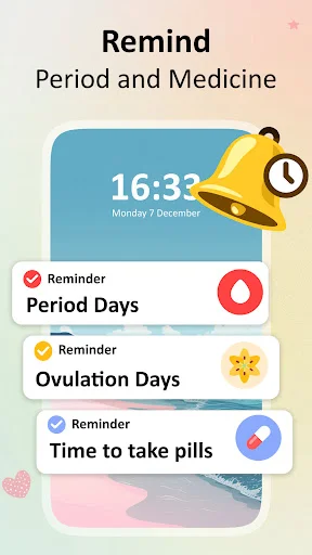 Period reminder, ovulation reminder, and medication reminder notifications with time scheduling for fertility tracking