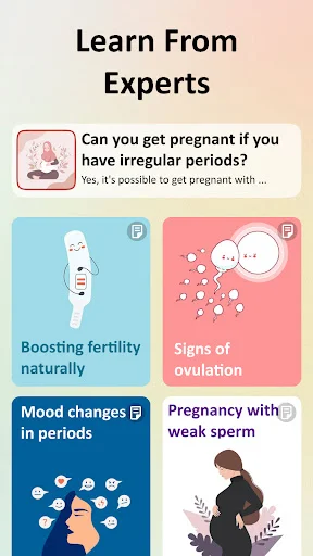 Learn from experts section featuring educational content on fertility, ovulation, menstrual health, and pregnancy topics